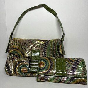 Alba Peacock Print Sequin Hobo Purse and Matching Wallet *Very Clean*